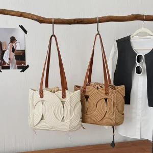 Bohemian Woven Tote Bag Hollow Out Interwoven Design Large Capacity Shoulder Bag Casual Travel Beach Handbag for Women