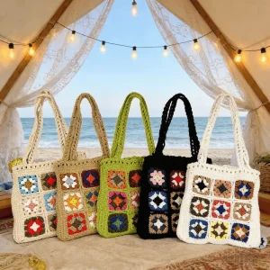 Boho Chic Crochet Tote Bag Handmade Multi Colored Floral Granny Square Design Artistic Shoulder Bag for Boutique & Beach