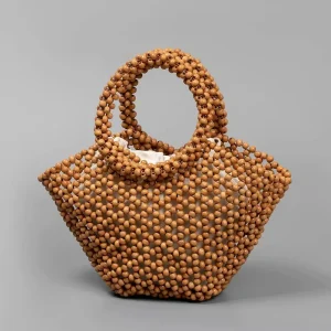 Boho Chic Handmade Wood Bead Small Bucket Purses Summer Beach Vacation Casual Travel Shoulder Bags Women Bohemian Handbags