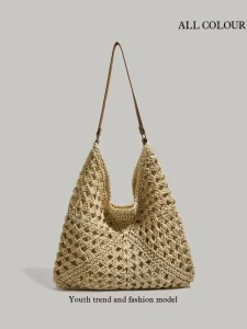 Boho Handmade Fashion Hollow Shoulder Bag Big Triangle Square Flower Contrast Colors Tote Bag Straw Rope Crochet Open Closure