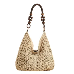 Boho Hollow Straw Tote Bag Handmade Crochet Handbag Wooden Beaded Handle Summer Beach Women Large Magnetic Clasp