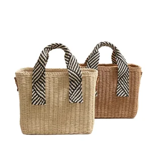 Boho Straw Paper Woven Tote Bag Striped Handle Leather Shoulder Strap Casual Beach & Shopping Handbag OEM ODM