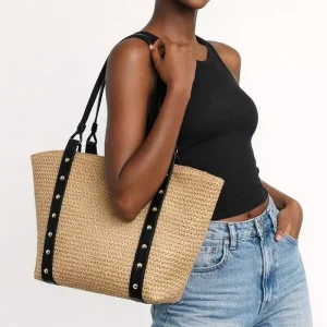 Boho Style Pu Leather Hobo Handbag Casual Straw Woven Top Handle Shoulder Bag with PU Leather Accents for Vacation