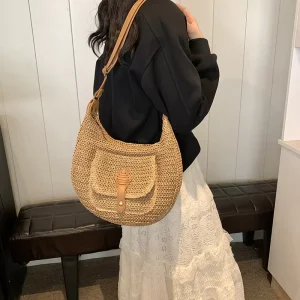 Boho Style Straw Shoulder Bag Adjustable Strap Large Capacity Perfect for Summer Beach and Travel