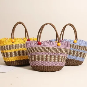 Boho Style Tote Bag Color Blocked Shoulder Bag Paper Straw Woven Bags Tassel Shoulder Bag Beaded Hand Bag