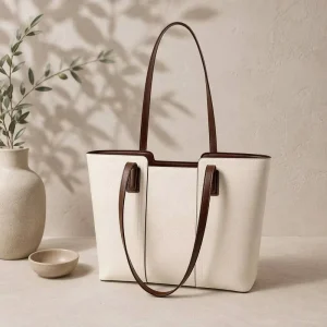 Boutique Vintage Two Tone Pebbled Leather Tote Bag Notched U Shape Brown Trim Handle Casual Daily Work Womens Notched Purse