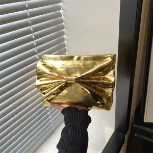 Bowknot Shape Purses Pleated PU Clutch Bags for Women Formal Evening Bag Detachable Chain Shoulder Purses Luxury Handbags