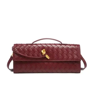 Braided Long Hand Clutch Bags for Women Fashion Sling Shoulder Bag with Long Strap Lock Woven Bag
