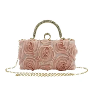 Bridal 3D Rose Flower Clutch Purse Elegant Rhinestone Chain Bag Top Handle Formal Party Evening Bag