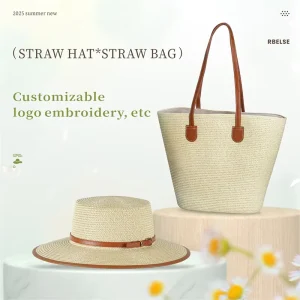 British Women’s Custom Embroidered Logo Straw Hat and Bag Set Summer Beach Sun Hat for Outdoor Activities Like Fishing & Travel