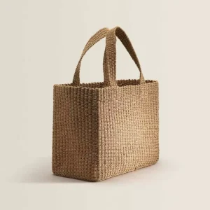 Brown Paper Rope Square Straw Tote Bag Zipper Closure Durable Simple Style Handmade Shoulder Strap