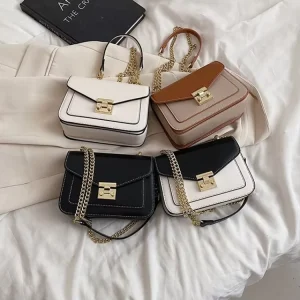 Bulk Price Pu Leather Purse Contrasting Color Splicing Small Square Crossbody Shoulder Bags Chain Gold Lock Flap