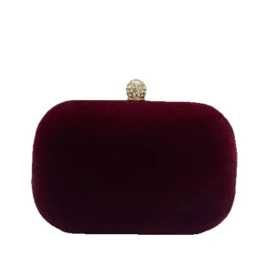Burgundy Elegant Velvet Rhinestone Clutch Bag Women’s Mini Box Shaped Evening Bag with Polyester Lining