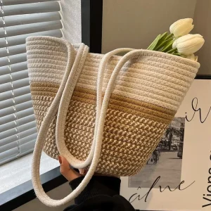 Canvas Simple Women’s 3-6L Open Closure Bucket Holiday Beach Vegetable Basket Tote Shoulder Underarm Bag Outdoor Use