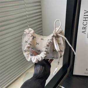 Casual Bow Women Corduroy Shoulder Bags Lightweight Portable Ladies Underarm Bag Simple Female Pleated Strap Handbags Purse