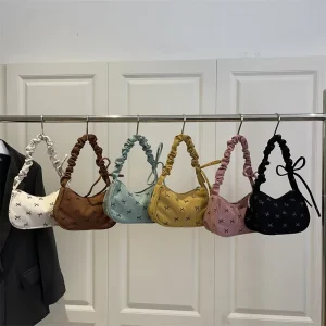 Casual Bow Women Corduroy Shoulder Bags Lightweight Portable Ladies Underarm Bag Simple Female Pleated Strap Handbags Purse