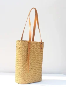 Casual Eco-Friendly Woven Summer Beach Straw Bag with Open Closure Women’s Travel Leather Shoulder Strap Tote Handwoven