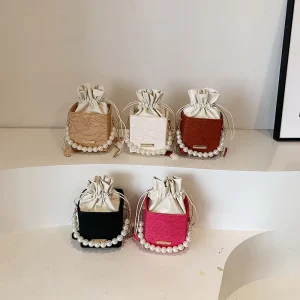 Casual Elegant Bucket Bag for Women Simple Crossbody Pearl Handbag Fashionable PU Mini Bag Sacs Main Pour Femmes