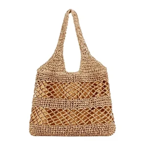 Casual Fashion New Street Trend Women’s Zipper Closure Large Capacity Commuter Straw Shoulder Bag for Travel Holiday Beach Use