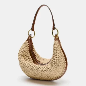 Casual Minimalist Straw Shoulder Bag Half moon Design Beach Resort Zipper Closure Polyester Metal Ring Detail for Women