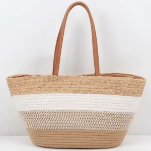 Casual Summer Fashion Straw Tote Beach Bag with Durable Two Handle Hand Strap 3L+ Capacity Polyester Lining for Women