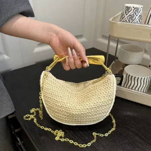 Casual Women’s Straw Shoulder Bags Soild Color Ladies Half moon Chain Crossbody Bag Simple Female Phone Handbags Clutch Purse