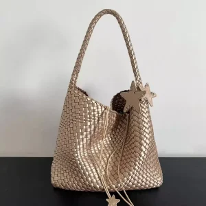 Champagne Color PU Woven Tote Bag with Magnetic Clasp Large Capacity Underarm Single Shoulder Handbag Bucket Bag for Women