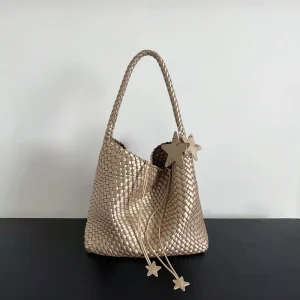 Champagne-colored PU Hand woven Tote Bag for Women Large Capacity High end Feel Magnetic Clasp Shoulder Bucket Bag