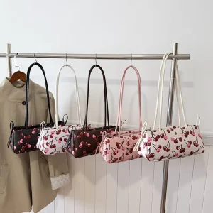 Cherry Print Shoulder Bag Cute Pu Leather Long Tote Bag with Heart Decor Pendant Bow Underarm Purse Sac