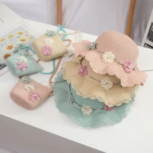 Children’s Fur Hat Summer Sunshade Travel Beach Hat Bag Set Girl Princess Flower Sun Hat