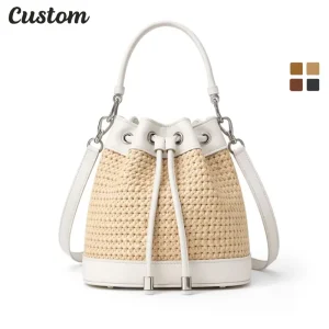 China Manufacturer Custom Raffia Straw Zipper Crossbody Bucket Bag PU Trim Boho Eco Friendly Portable Summer Beach Vacation