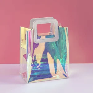 Chinese Manufacturers PVC Material White Handle Plastic Holographic Shopping Bag for Beauties Package