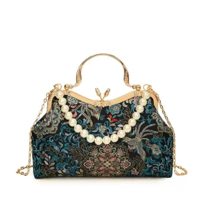 Chinese Style Trendy Embroidered Evening Clutch Bag for Women Pearl Chain Handbag