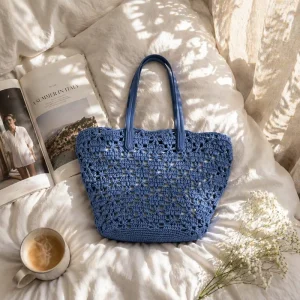 Chinese Traditional Handmade Straw Bag Polyester Custom Hand Embroidery Elegant Gray Blue Large Capacity for Multiple Occasions