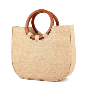 Circle Wooden Handle Handbag Versatile Woven Single Shoulder Messenger Bag Women’s Beach Straw Tote Bag