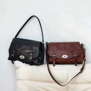 Classic Adjustable Strap Women’s Genuine Leather Satchel Bag Vintage Shoulder Crossbody Handbag with Buckle Closure
