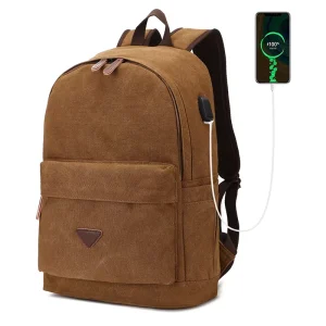 Classic Canvas Student Backpack with USB Charging Port Waterproof College Laptop Bag for School and College Use