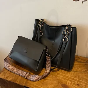Classic Design Luxury Style 2 In 1 PU Leather Tote Bag Set Wide Large Capacity Magnetic Flap Crossbody Shoulder Purse For Women