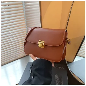 Classic Design Luxury Style Solid Smooth PU Flap Satchel Bag Square Turn Lock Minimalist Crossbody Shoulder Handbag For Women