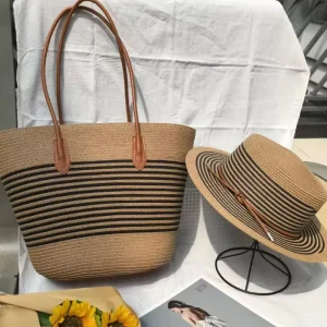 Classic Design Luxury Style Women’s Striped Straw Tote Bag Large Capacity Summer Beach Zipper Closure Casual Shoulder Handbag