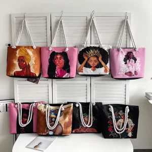 Classic Outdoor Practical All Match Retro Canvas Handheld Beach Bag Zipper Closure Cartoon Print Large Capacity Canvas Tote Bag