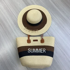 Color Block Letter Embroidery Straw Fashionable Textured Woven Bucket Bag Large Capacity Two Straps Closure Nylon