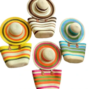 Color Strip Design Straw Hat Beach Tote Bag for Women Summer Holiday