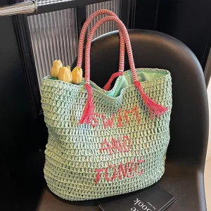 Colorblock Straw Beach Tote Luxury Inbound Travel Vacation Knitted Shoulder Bag Handwoven Tassel Raffia Purse Holiday Tote Bags