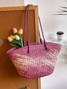 Colorful Large capacity Simple Handmade Natural Straw Woven Bag with Open Closure for Daily Use Summer Vacations and Beaches
