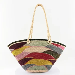 Colorful Patchwork Raffia Tote Bag Large Boho Straw Shoulder Bag Durable Woven Handbag with Reinforced Handles