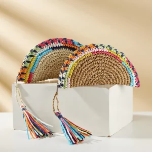 Colorful Tassel Decorated Boho Summer Straw Mini Bag Handwoven Candy Girl Bag with Zipper Fashion Girl Wallet Purse