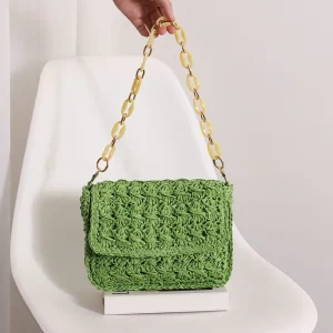 Colorful Woven Shoulder Bag with Chain Handmade Straw Crochet Eco-friendly Fashion Bag