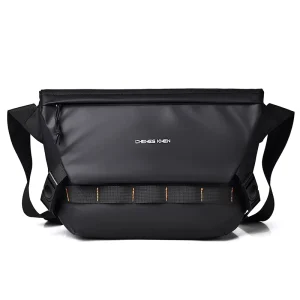 Contrast Orange Stitching Men’s Casual Pu Messenger Shoulder Bag Matte Black Techwear Streetwear Waterproof Anti Theft Durable