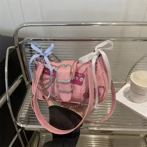 Cool Chain Y2k Girls Underarm Bags Simple Pu Leather Women’s Small Shoulder Bag Fashion Retro Female Clutch Handbags Purse